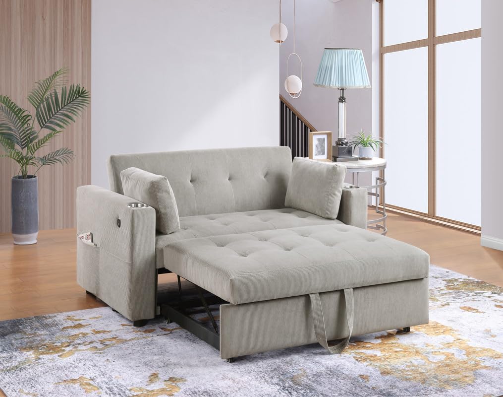 Lilola Home Luelle 57" W Gray Corduroy Convertible Sleeper Loveseat with Cupholders, USB Ports, Magazine Pockets, Pillows, Tufting