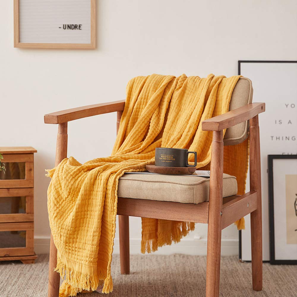 Simple&Opulence Cotton Muslin Throw Blanket For Bed, Couch, Knit Woven Gauze Blanket With Tassels, Soft Lightweight Cozy Pre-Was