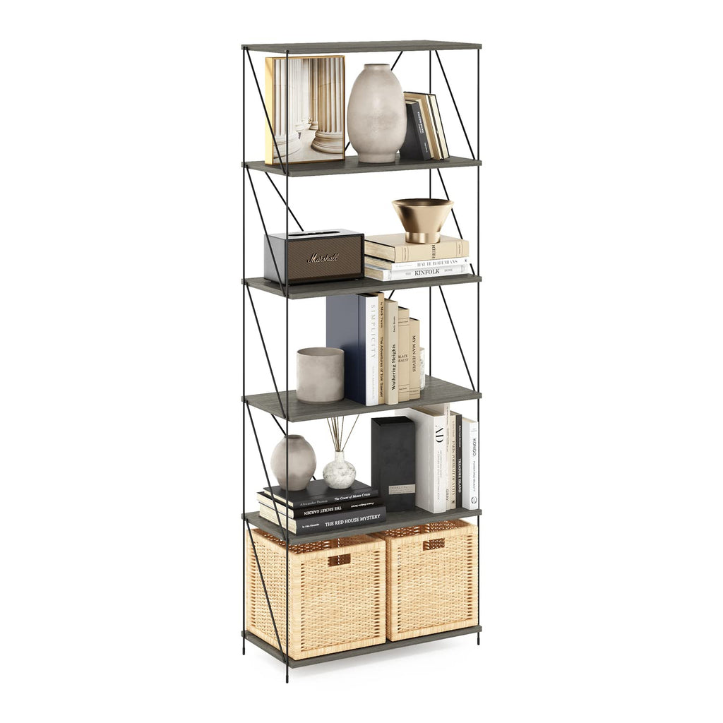 Furinno Besi 6-Tier Industrial Multipurpose Shelf Display Rack with Metal Frame, Wide, Finn Oak