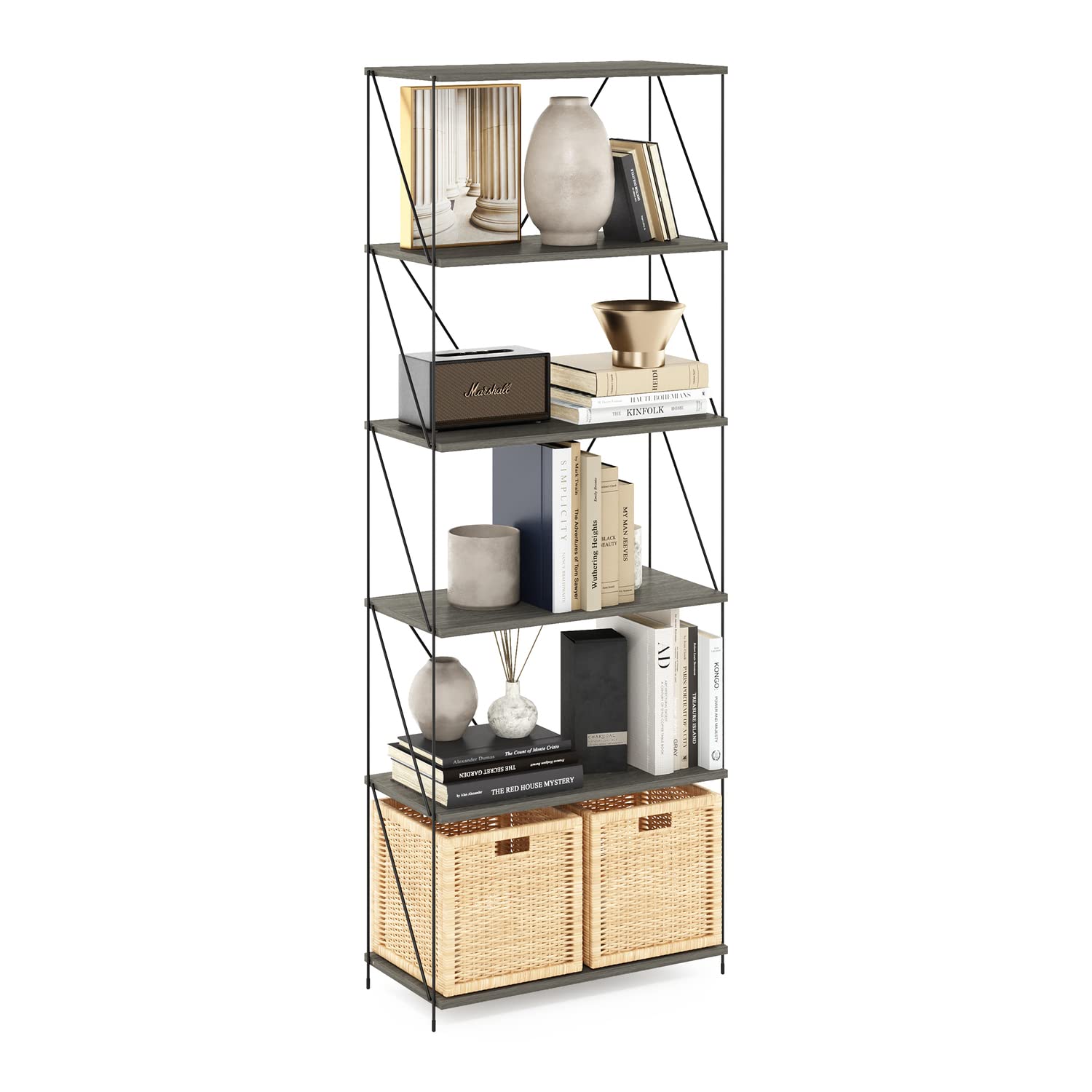 Furinno Besi 6-Tier Industrial Multipurpose Shelf Display Rack with Metal Frame, Wide, Finn Oak