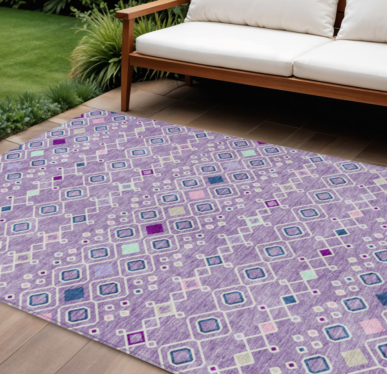 9' X 12' Lavender Ivory And Blue Geometric Washable Indoor Outdoor Area Rug