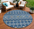 8' Navy Blue Ivory And Peach Round Geometric Washable Indoor Outdoor Area Rug