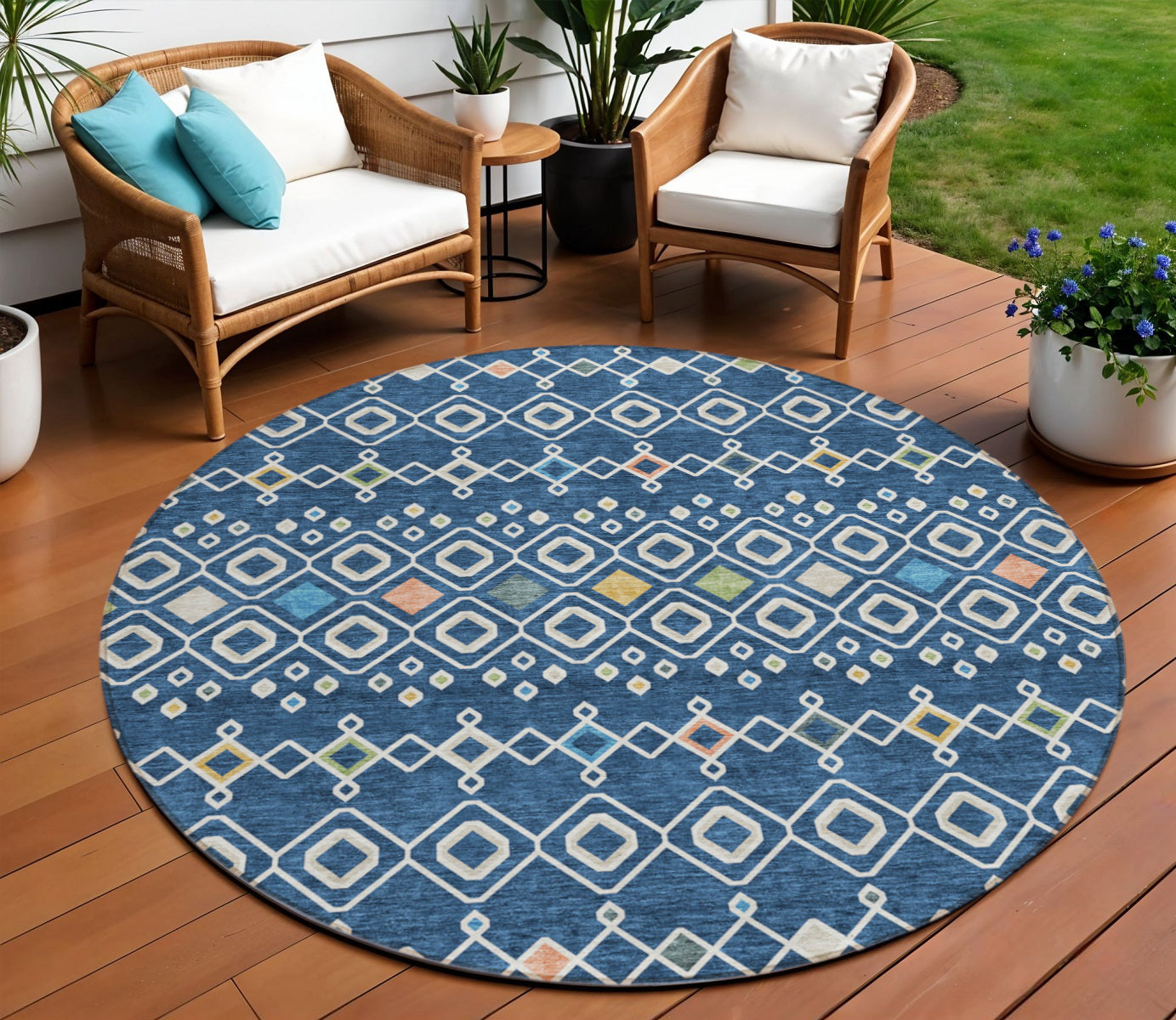8' Navy Blue Ivory And Peach Round Geometric Washable Indoor Outdoor Area Rug
