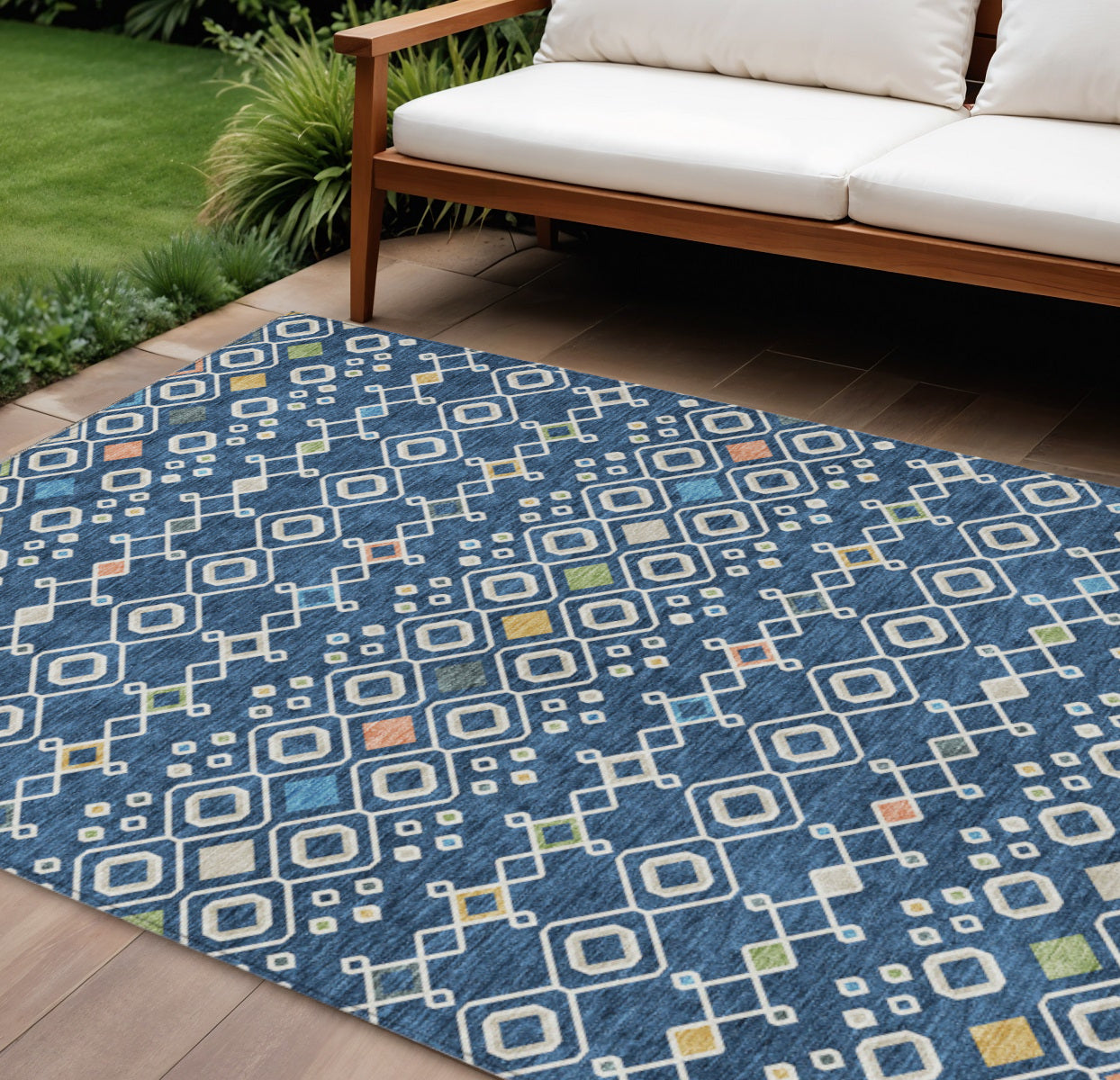 9' X 12' Navy Blue Ivory And Peach Geometric Washable Indoor Outdoor Area Rug