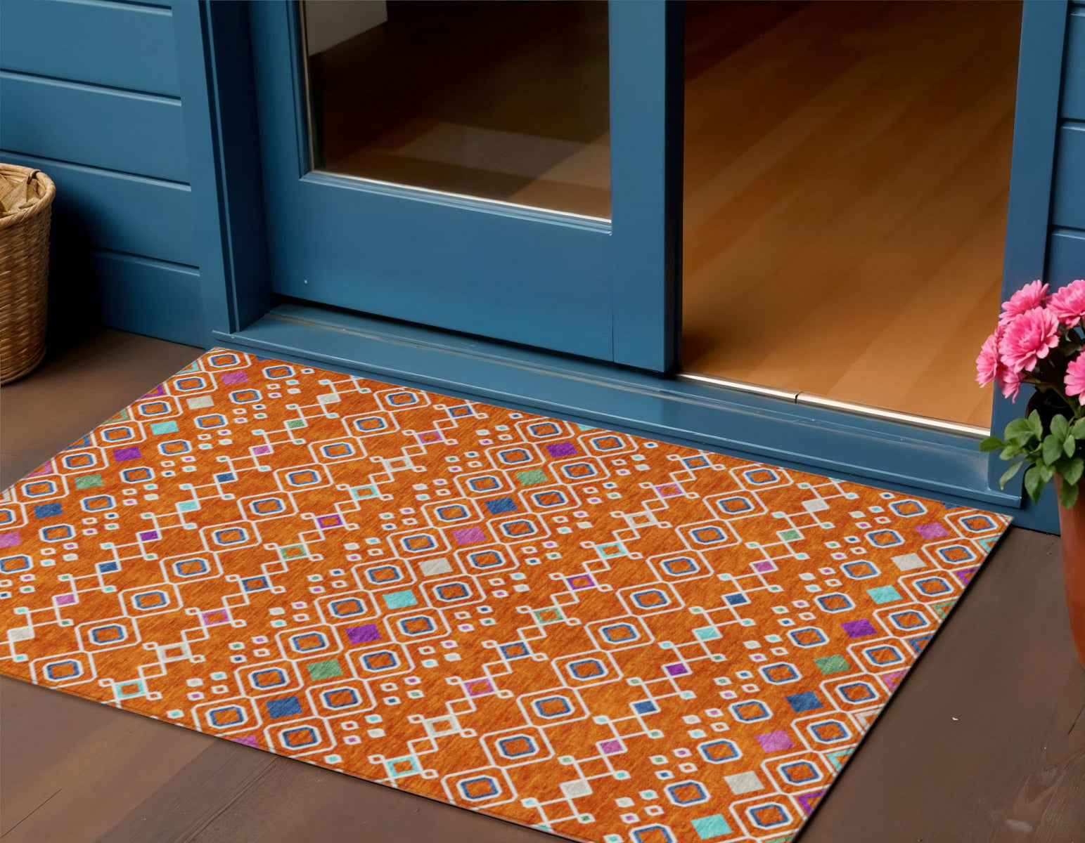 3' X 5' Orange Blue And Purple Geometric Washable Indoor Outdoor Area Rug