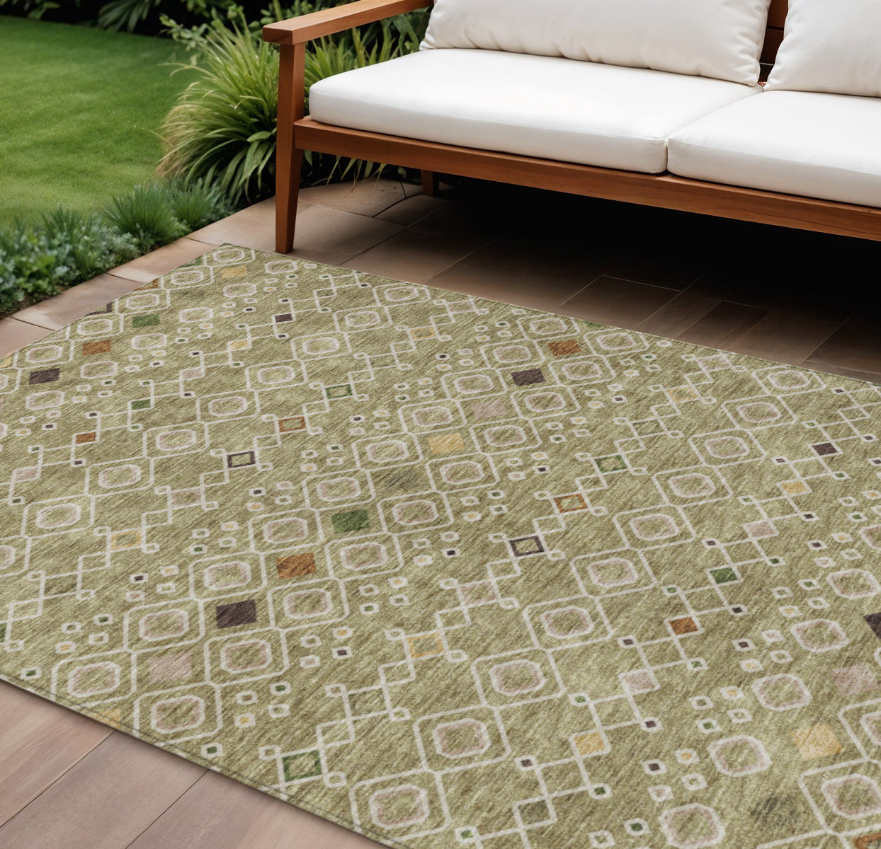 10' X 14' Sage Ivory And Beige Geometric Washable Indoor Outdoor Area Rug