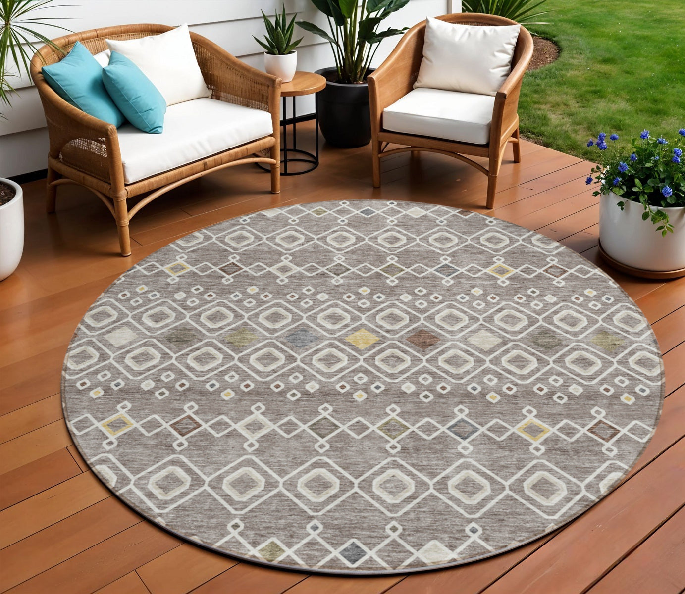 8' Taupe Gray And Gold Round Geometric Washable Indoor Outdoor Area Rug