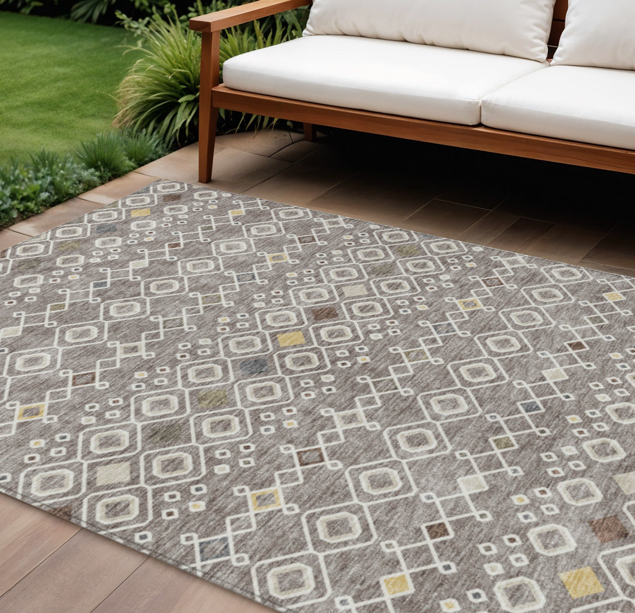 9' X 12' Taupe Gray And Gold Geometric Washable Indoor Outdoor Area Rug