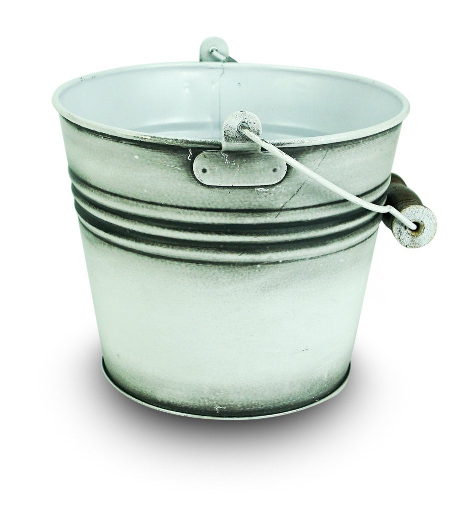 Planter With Handle, Banded Metal, Rustic White, 6-In.