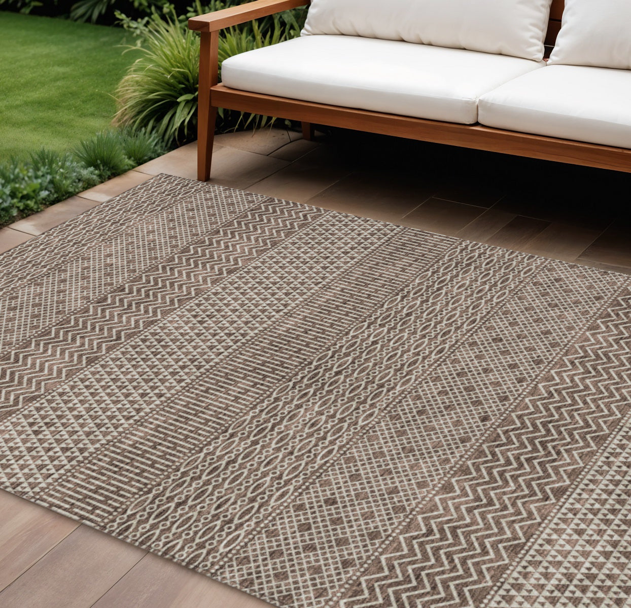 9' X 12' Brown And Ivory Chevron Washable Indoor Outdoor Area Rug