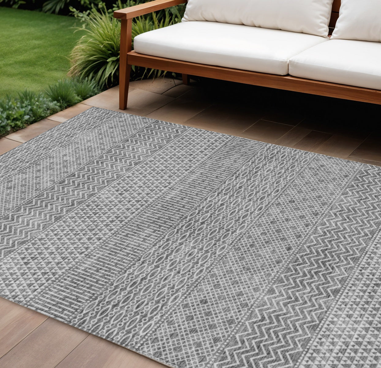 9' X 12' Gray And Silver Chevron Washable Indoor Outdoor Area Rug