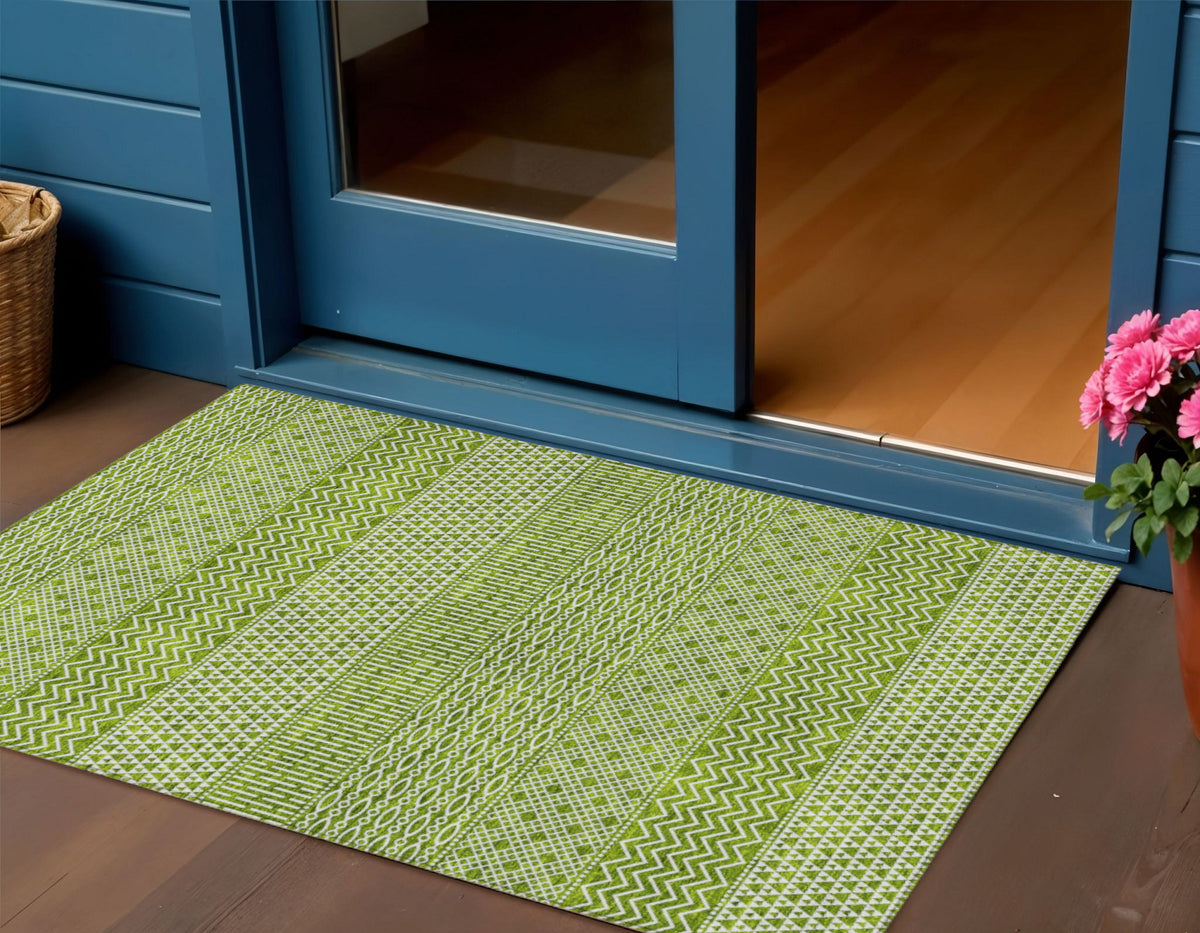 3' X 5' Lime Green And Ivory Chevron Washable Indoor Outdoor Area Rug