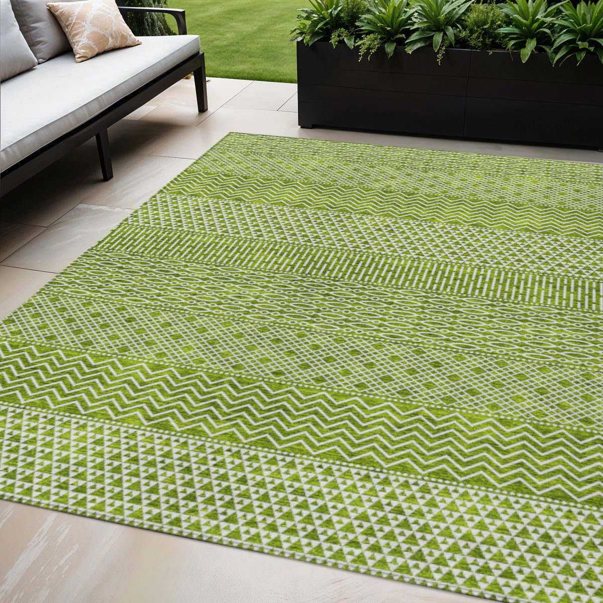 5' X 8' Lime Green And Ivory Chevron Washable Indoor Outdoor Area Rug