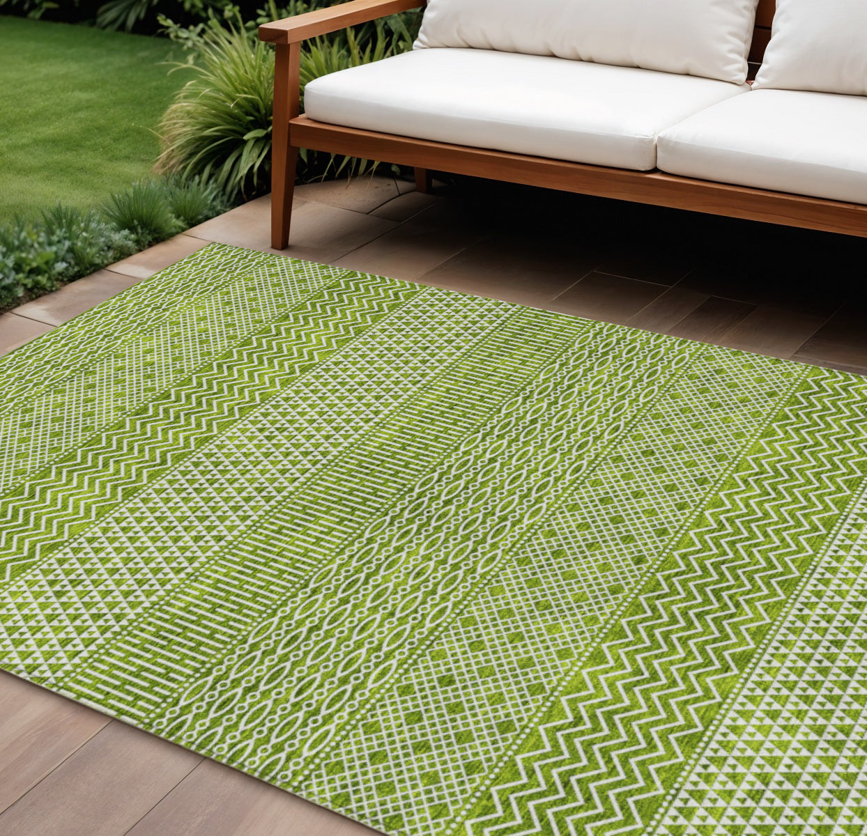 9' X 12' Lime Green And Ivory Chevron Washable Indoor Outdoor Area Rug