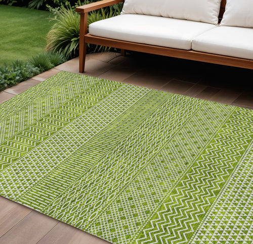 10' X 14' Lime Green And Ivory Chevron Washable Indoor Outdoor Area Rug