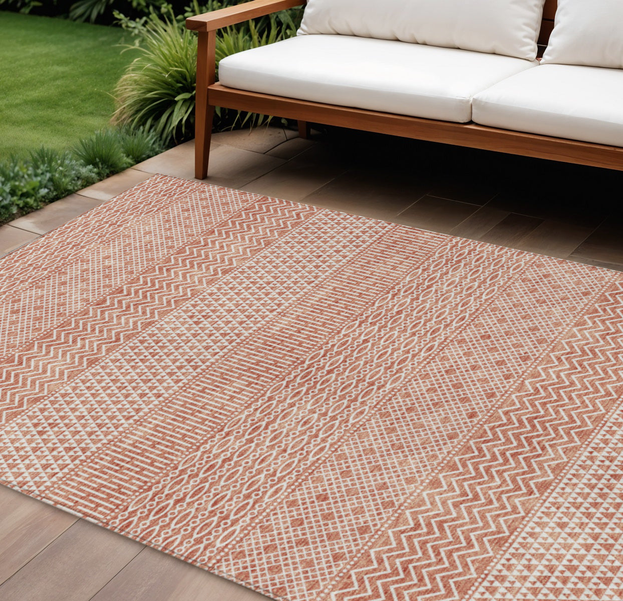 8' X 10' Salmon And Ivory Chevron Washable Indoor Outdoor Area Rug