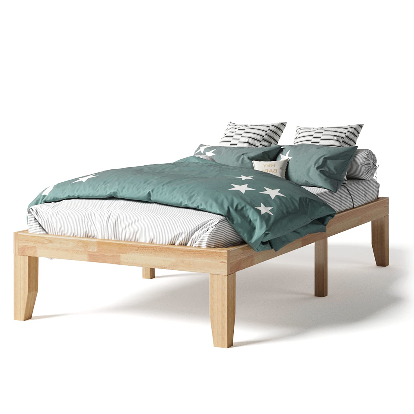 Kotek 14' Solid Wood Platform Bed Frame, Mattress Foundation W/Wooden Slats Support, Rubber Wood Bed Base, No Box Spring Needed, Easy Assembly (Twin, Natural)