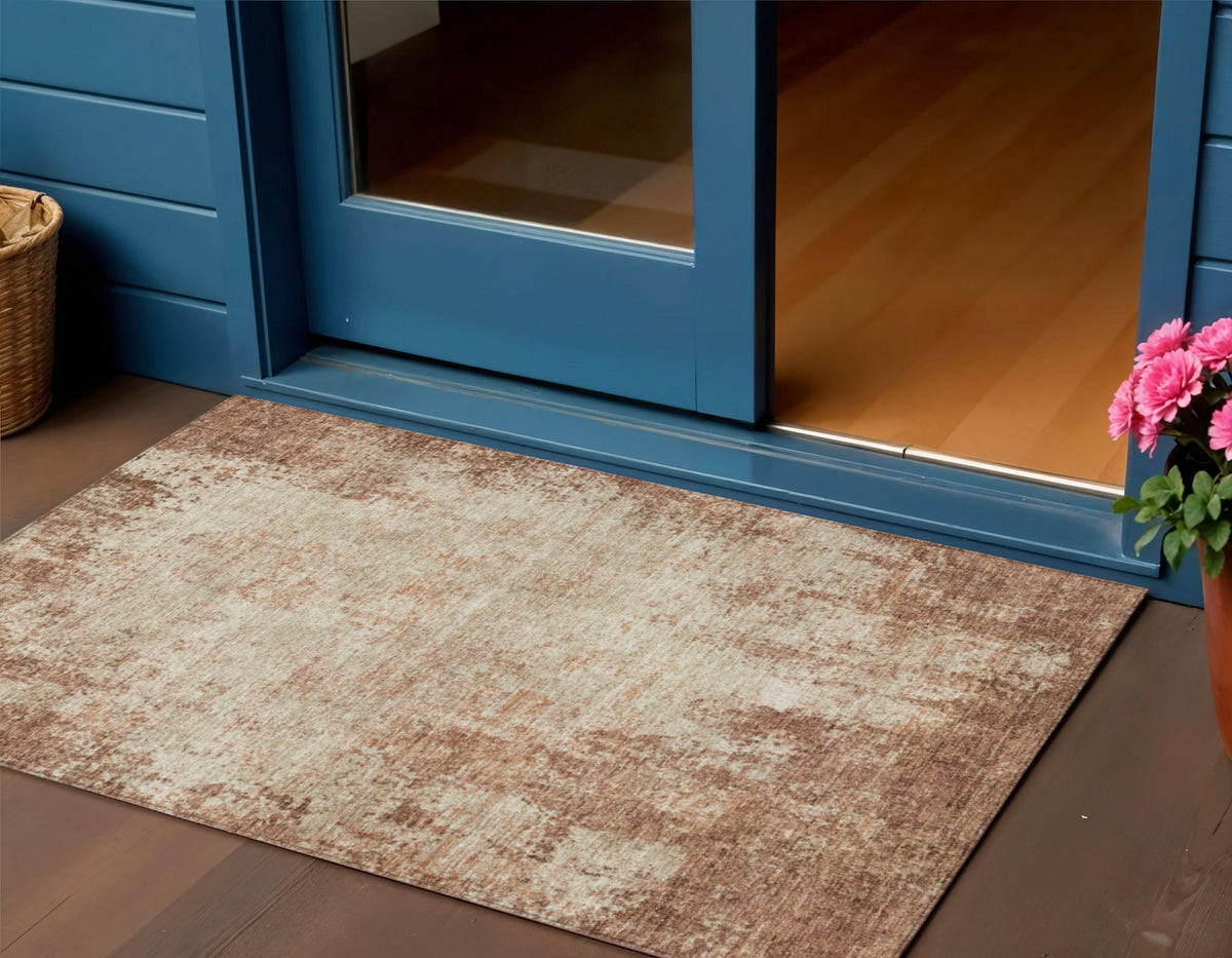 3' X 5' Orange And Beige Abstract Washable Indoor Outdoor Area Rug
