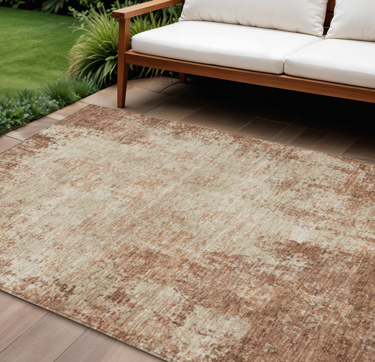 9' X 12' Orange And Beige Abstract Washable Indoor Outdoor Area Rug