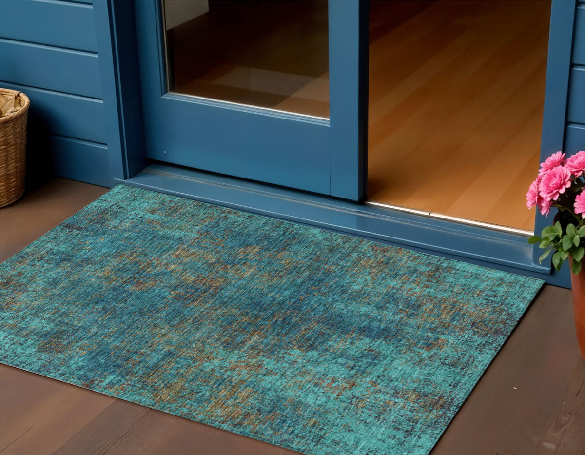 3' X 5' Teal Blue Navy Blue And Brown Abstract Washable Indoor Outdoor Area Rug