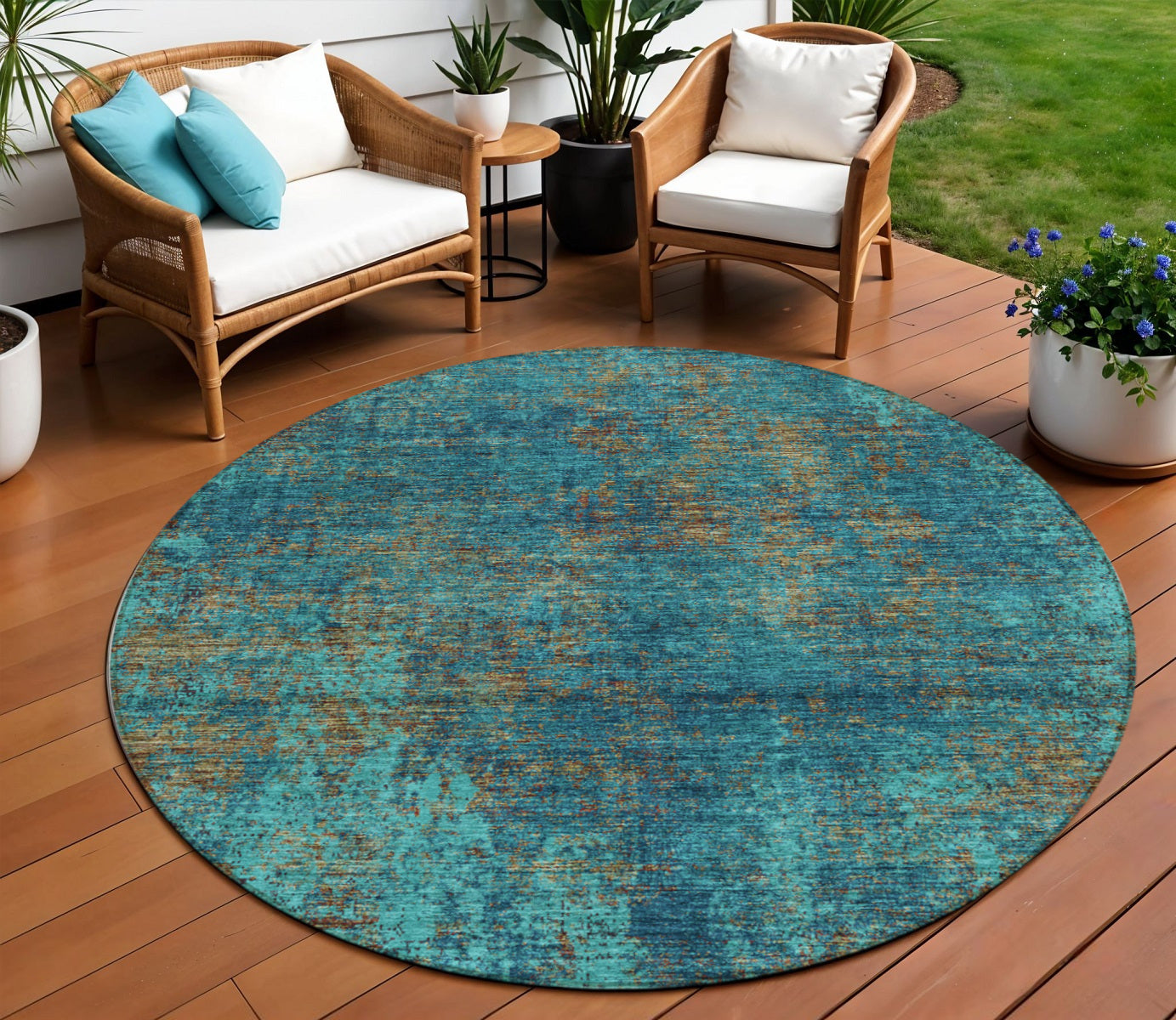 8' Teal Blue Navy Blue And Brown Round Abstract Washable Indoor Outdoor Area Rug