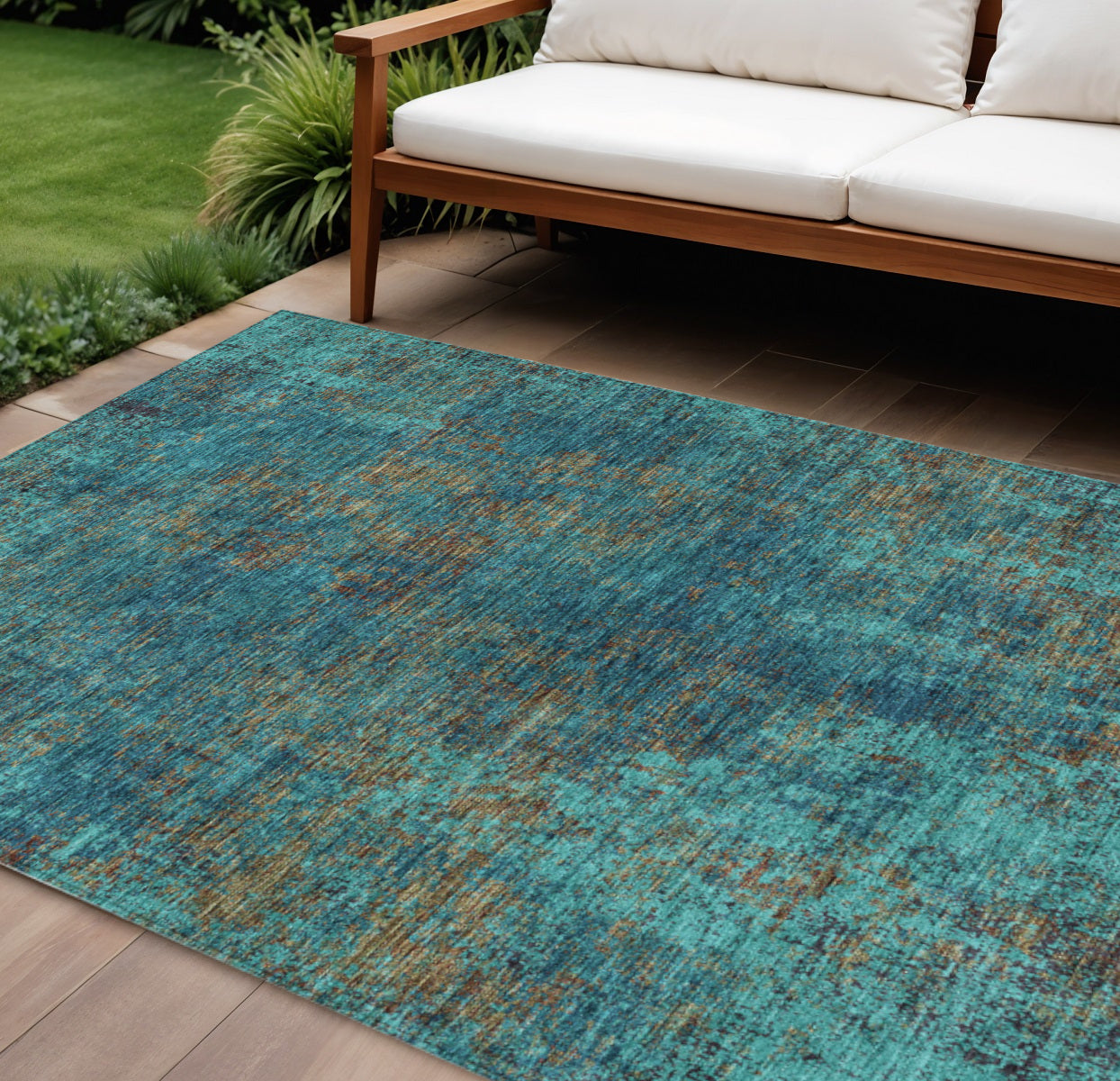 9' X 12' Teal Blue Navy Blue And Brown Abstract Washable Indoor Outdoor Area Rug