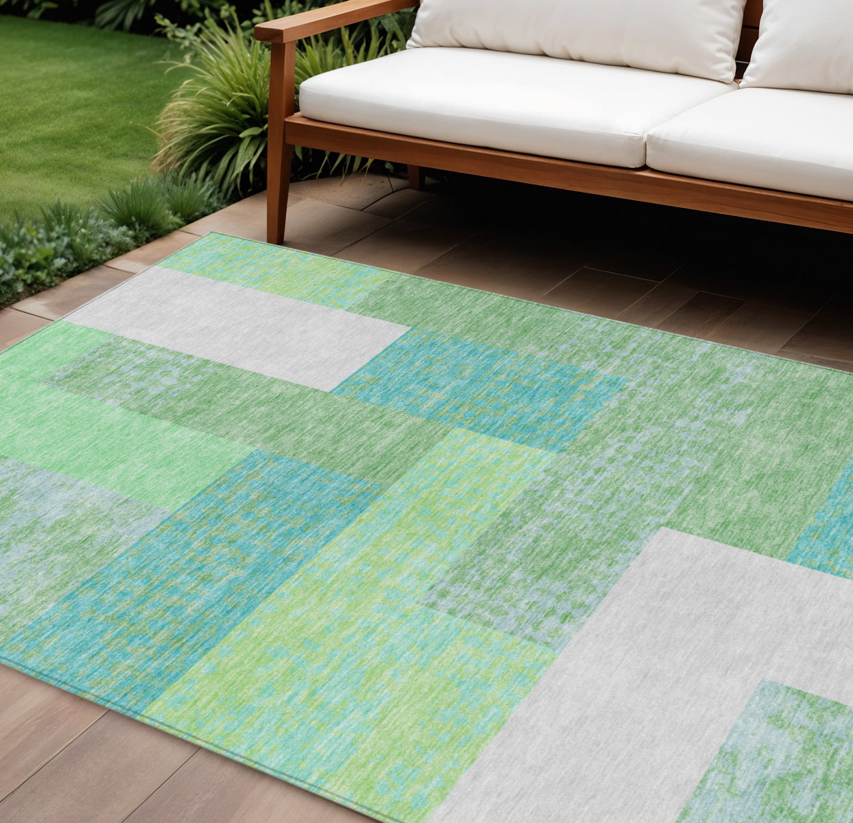 9' X 12' Sage Mint Green Teal Blue And Ivory Geometric Washable Indoor Outdoor Area Rug