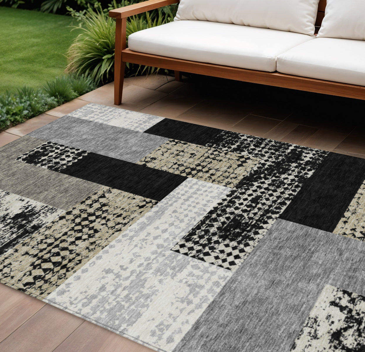 10' X 14' Black Taupe And Ivory Geometric Washable Indoor Outdoor Area Rug