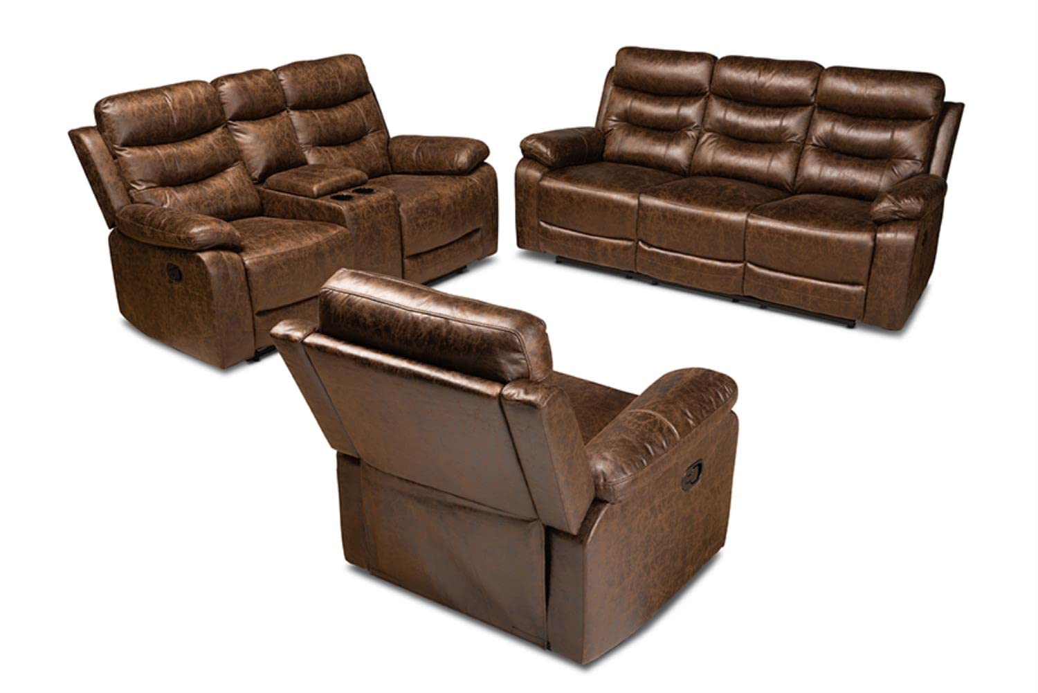 Baxton Studio Beasely Modern and Contemporary Distressed Brown Faux Leather Upholstered 3-Piece Living Room Set