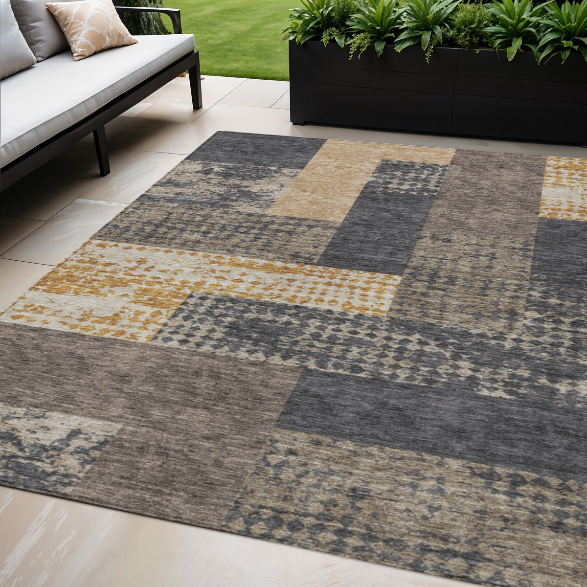 5' X 8' Coffee Taupe And Gold Geometric Washable Indoor Outdoor Area Rug