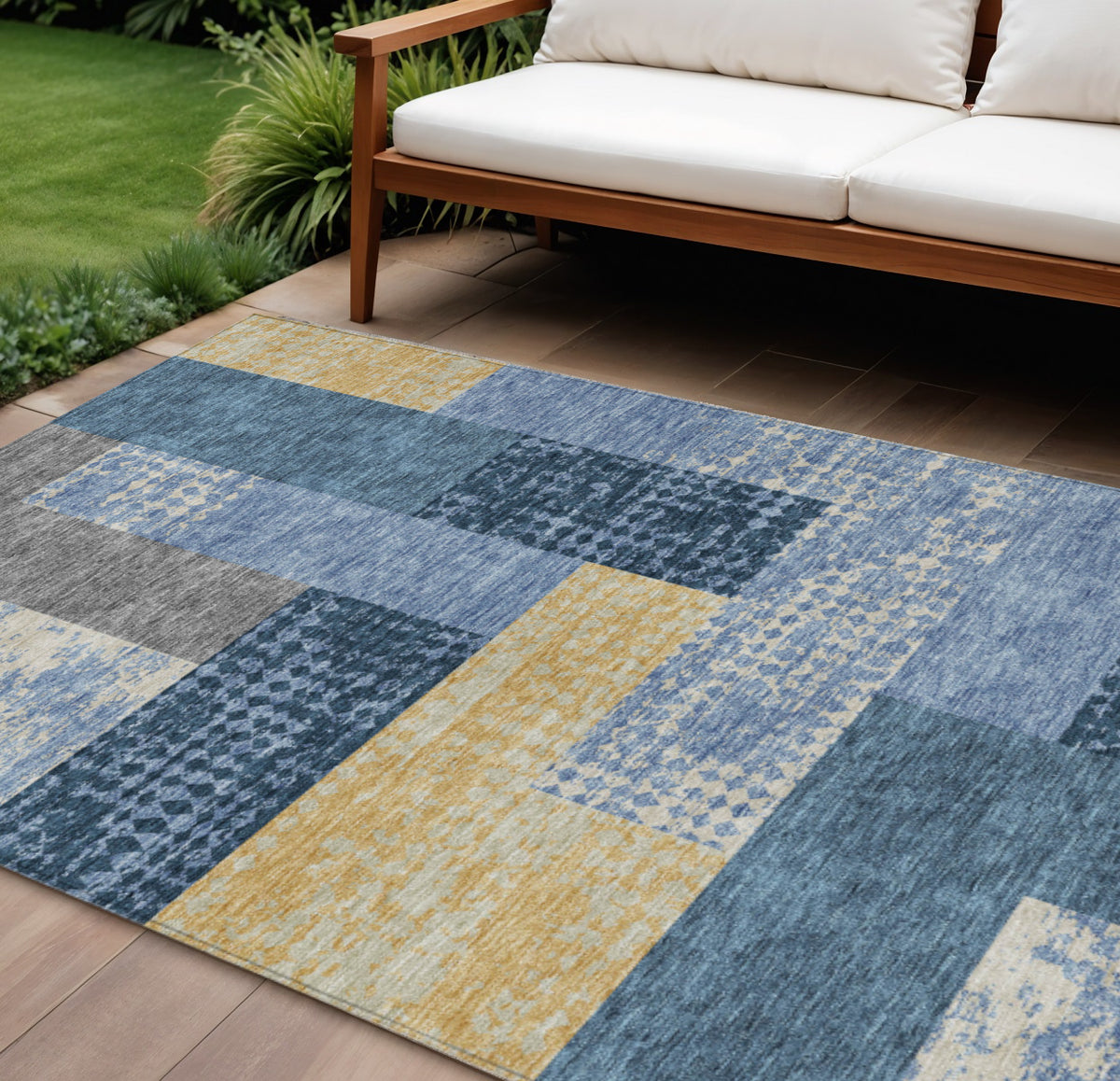 10' X 14' Denim Blue And Gold Geometric Washable Indoor Outdoor Area Rug