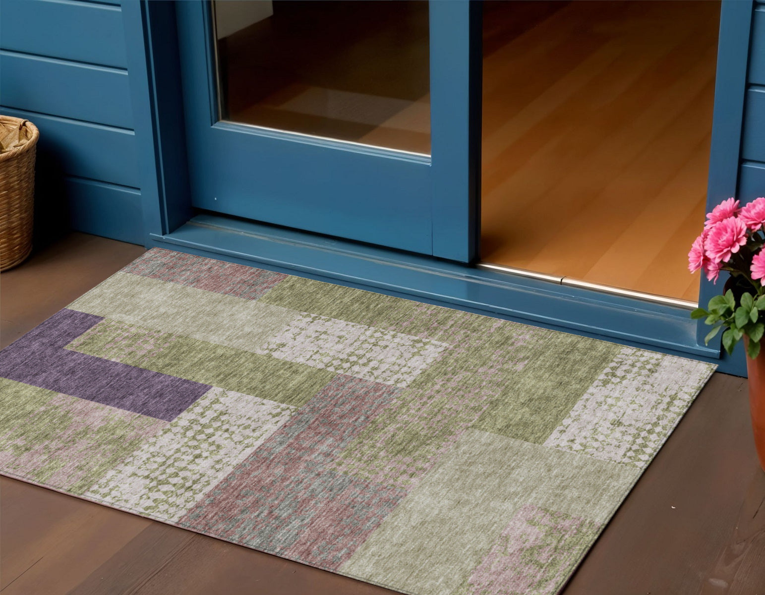 3' X 5' Green Purple And Pink Geometric Washable Indoor Outdoor Area Rug