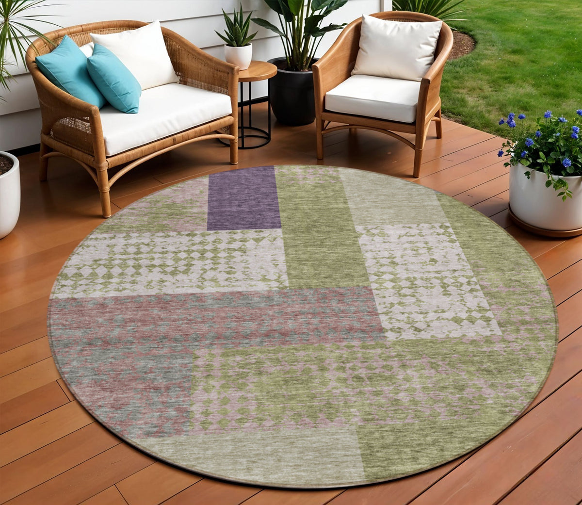 8' Green Purple And Pink Round Geometric Washable Indoor Outdoor Area Rug