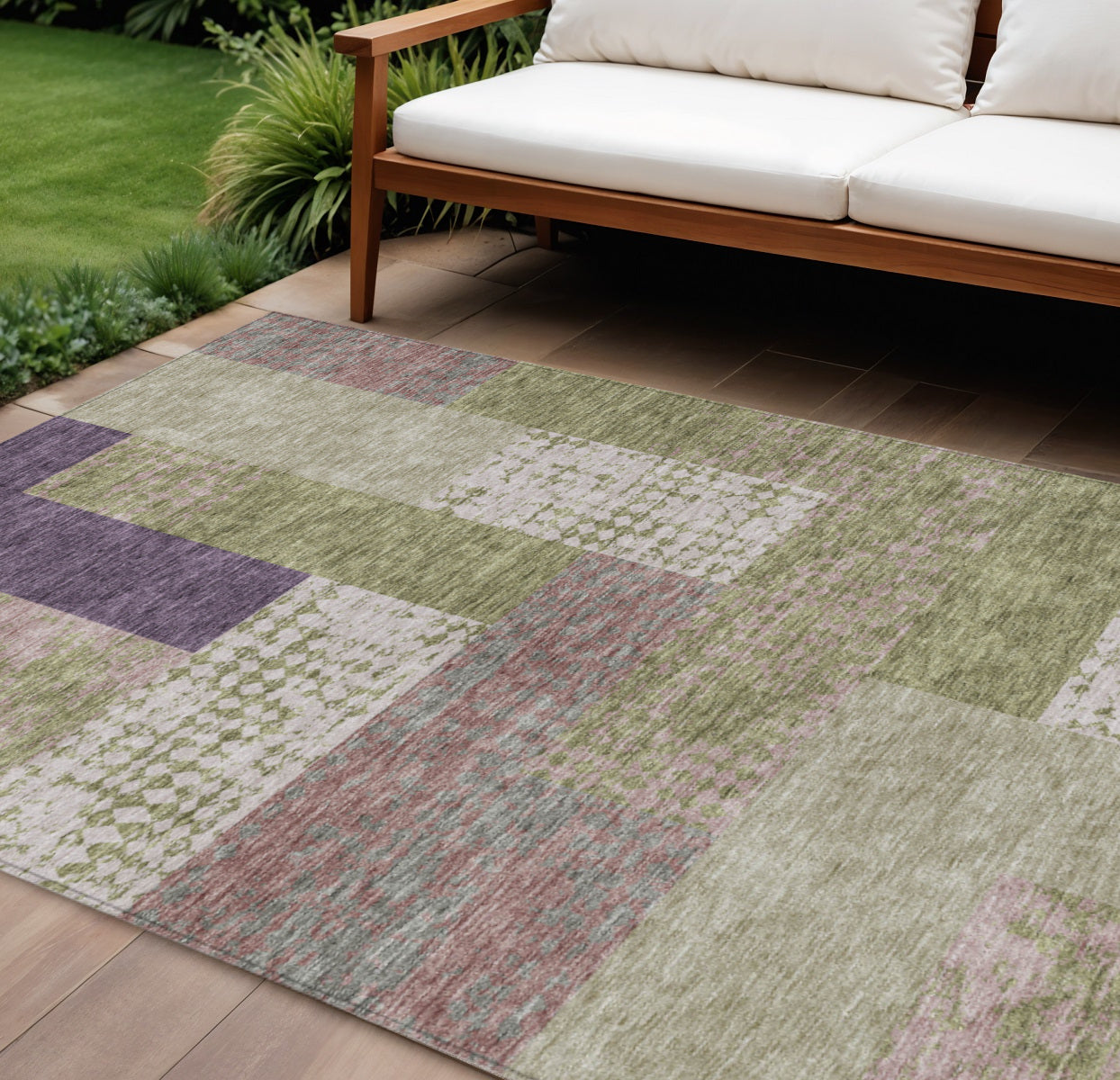 9' X 12' Green Purple And Pink Geometric Washable Indoor Outdoor Area Rug