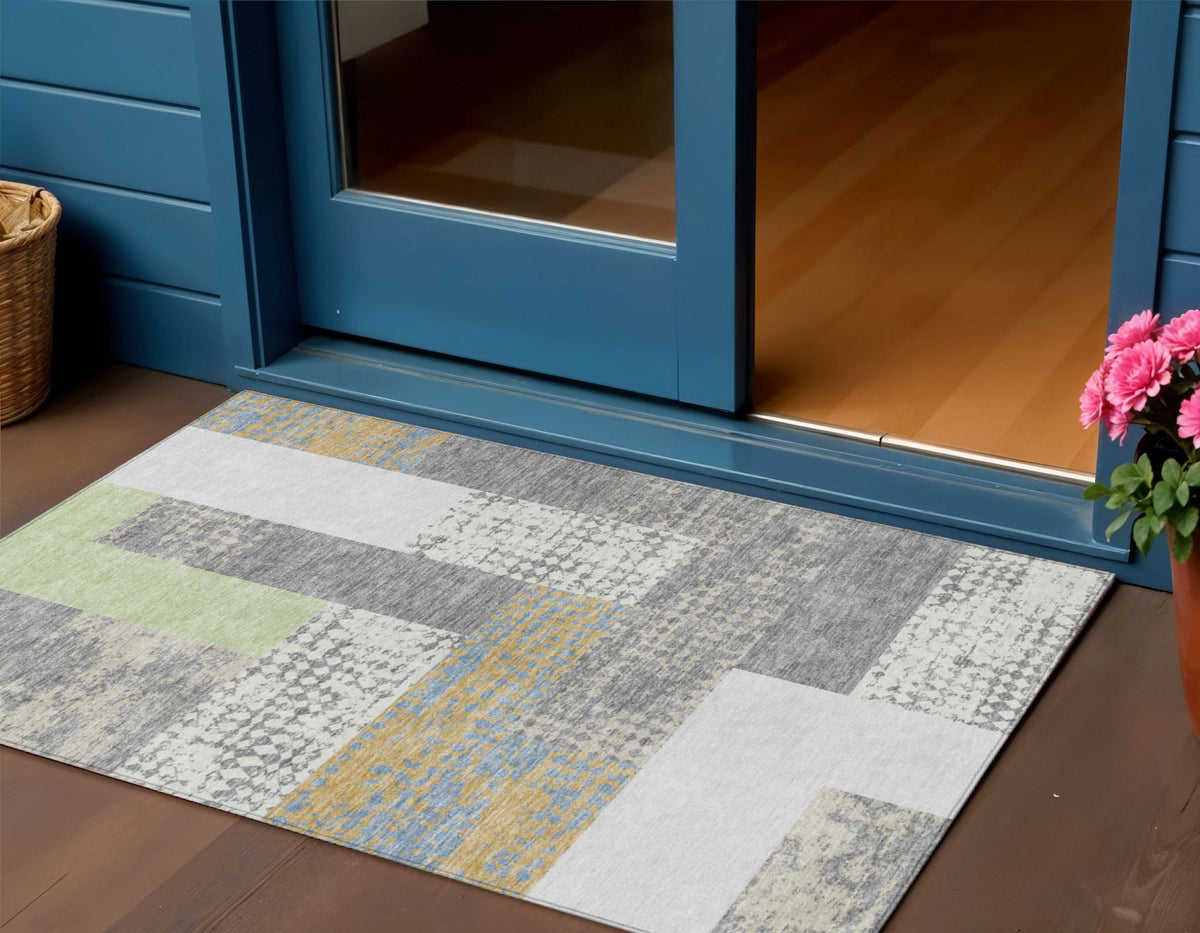 3' X 5' Gray Ivory And Mint Green Geometric Washable Indoor Outdoor Area Rug
