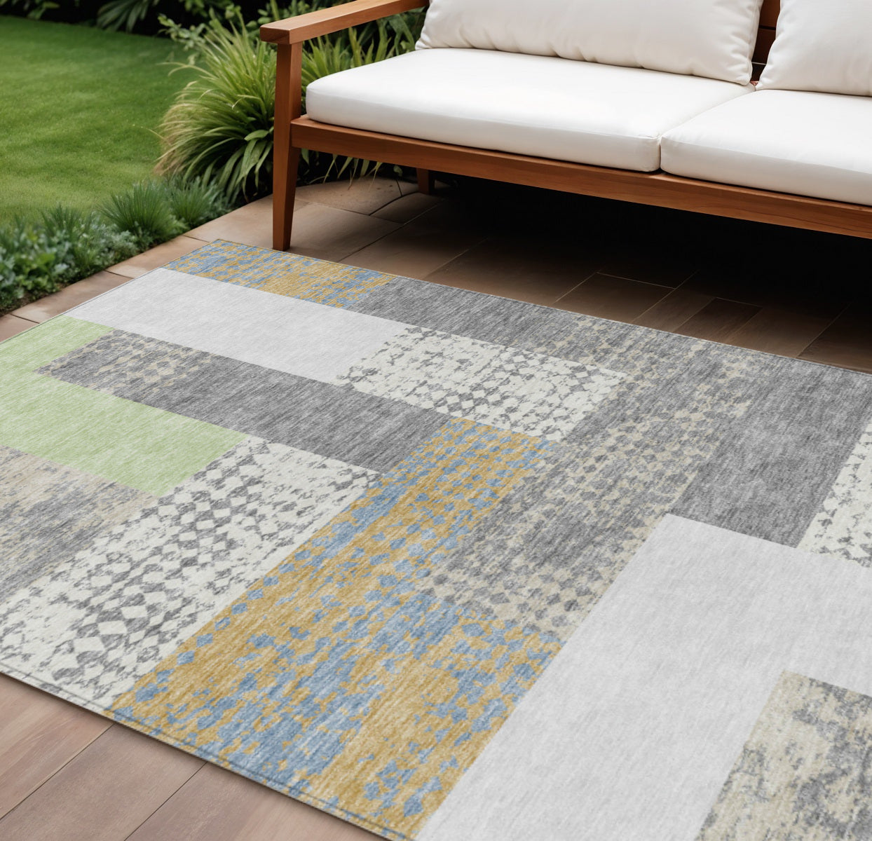 9' X 12' Gray Ivory And Mint Green Geometric Washable Indoor Outdoor Area Rug