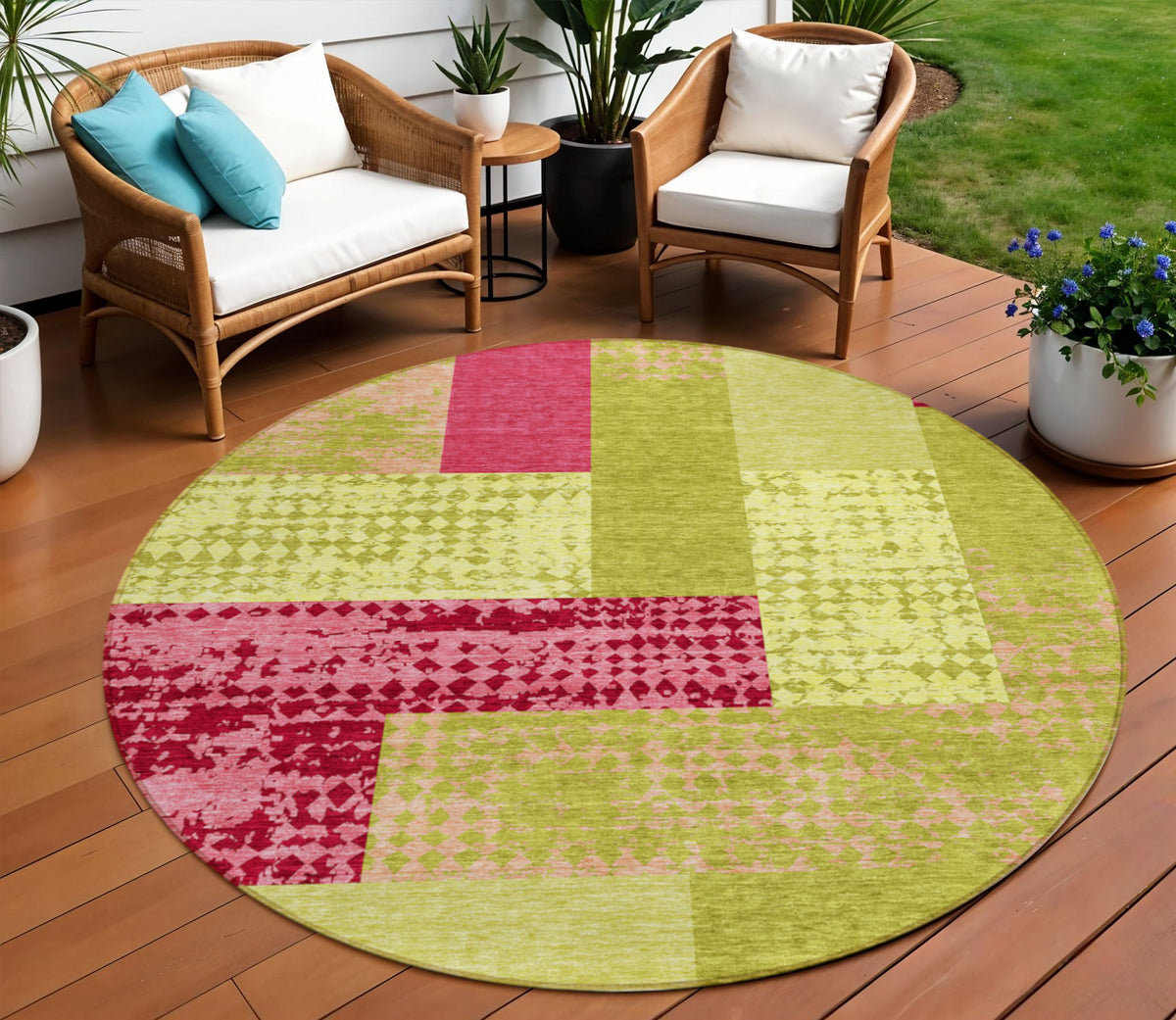 8' Lime Green And Pink Round Geometric Washable Indoor Outdoor Area Rug
