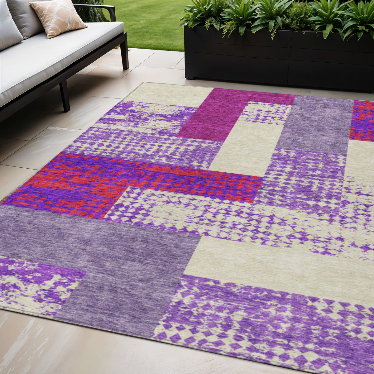 5' X 8' Lavender Ivory And Red Geometric Washable Indoor Outdoor Area Rug