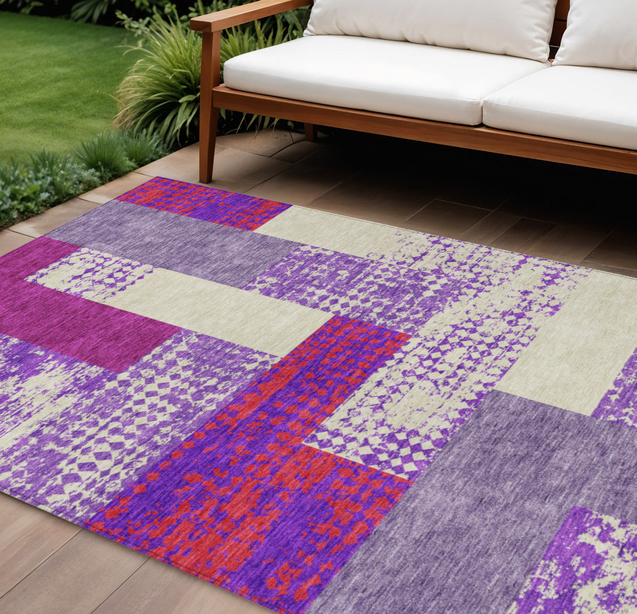 9' X 12' Lavender Ivory And Red Geometric Washable Indoor Outdoor Area Rug