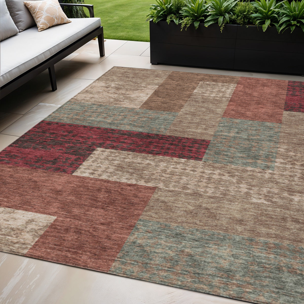 5' X 8' Brown And Terra Cotta Geometric Washable Indoor Outdoor Area Rug