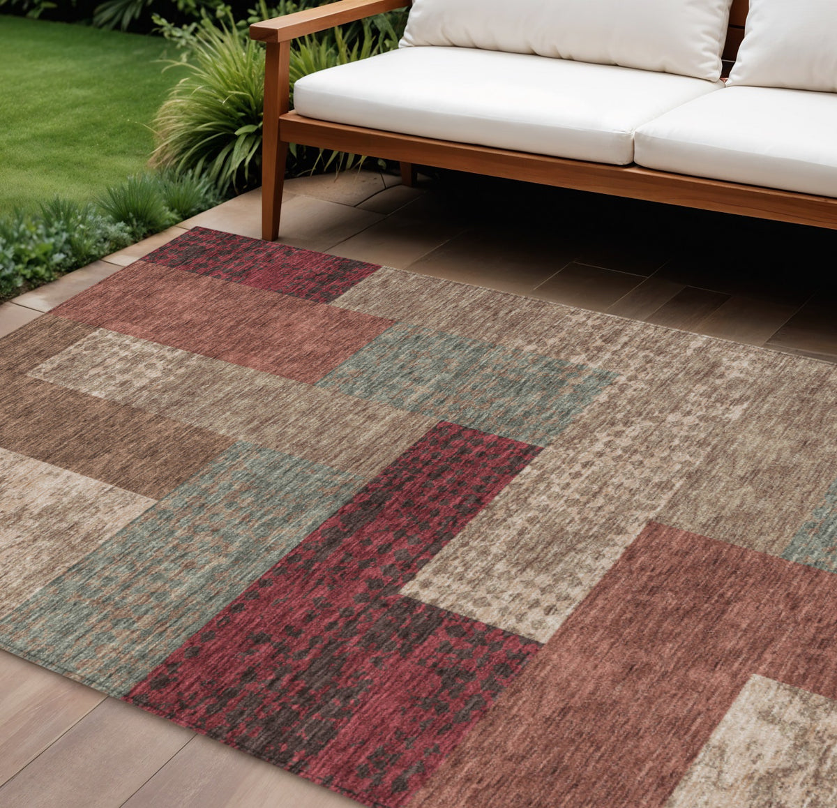 9' X 12' Brown And Terra Cotta Geometric Washable Indoor Outdoor Area Rug