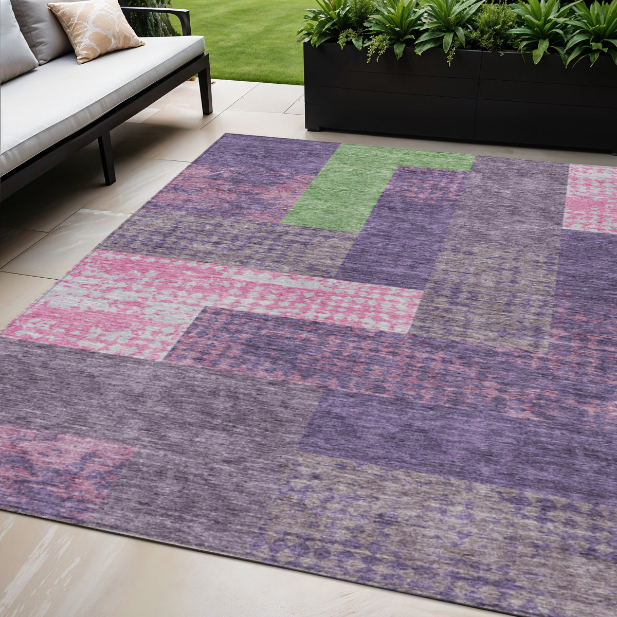 5' X 8' Purple Green And Pink Geometric Washable Indoor Outdoor Area Rug