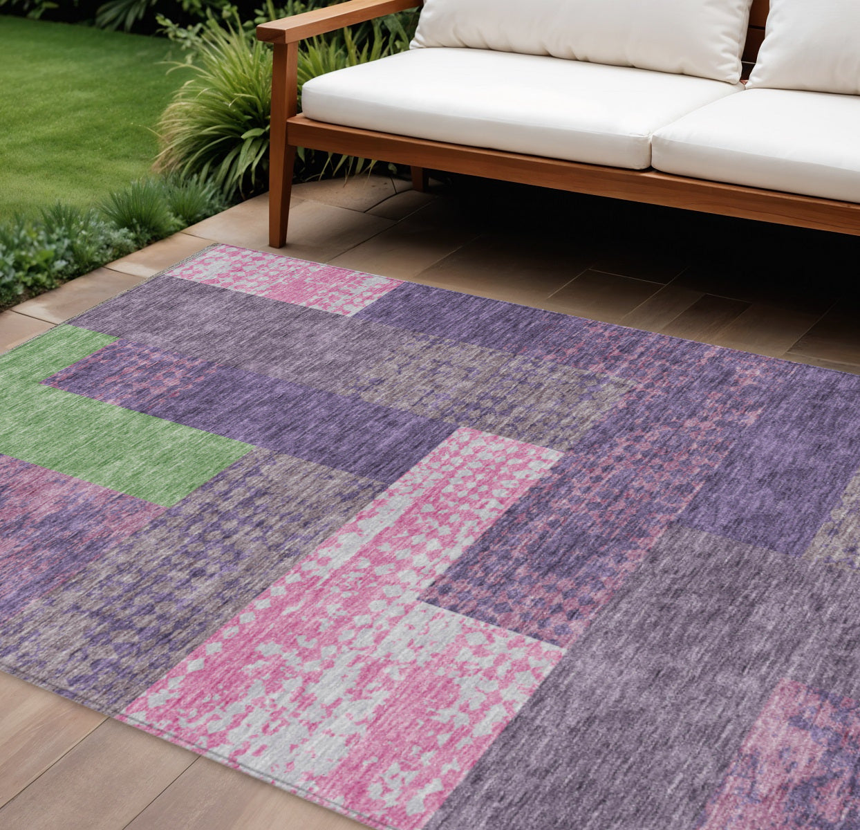 9' X 12' Purple Green And Pink Geometric Washable Indoor Outdoor Area Rug