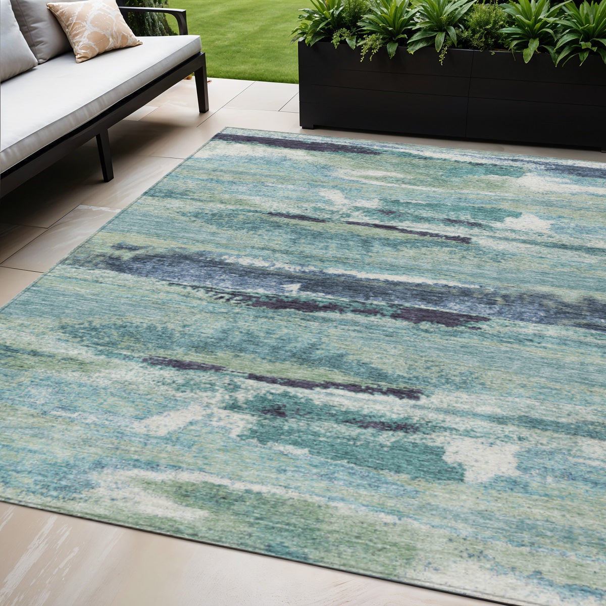 5' X 8' Sage Teal Blue And Navy Blue Abstract Washable Indoor Outdoor Area Rug