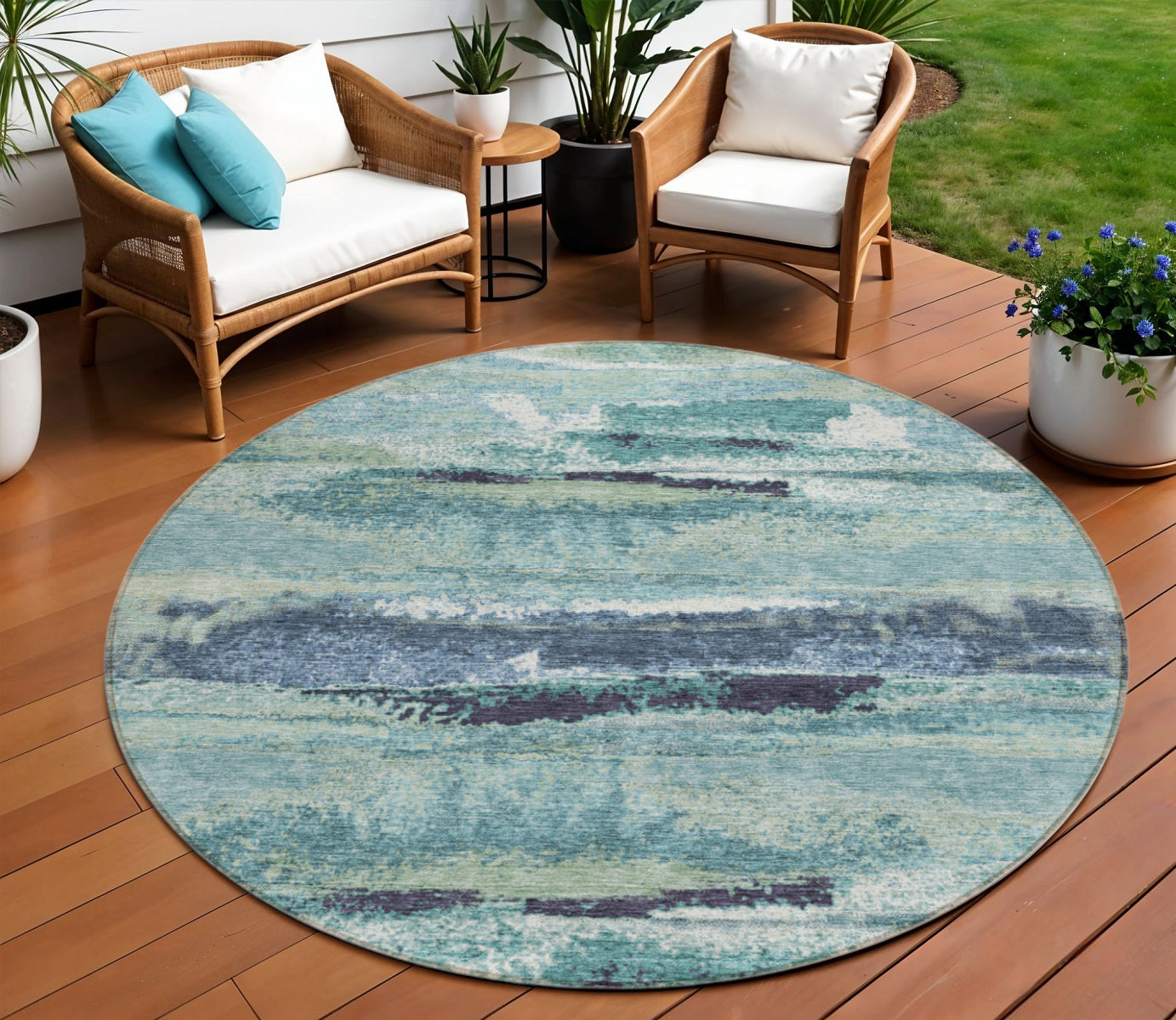 8' Sage Teal Blue And Navy Blue Round Abstract Washable Indoor Outdoor Area Rug
