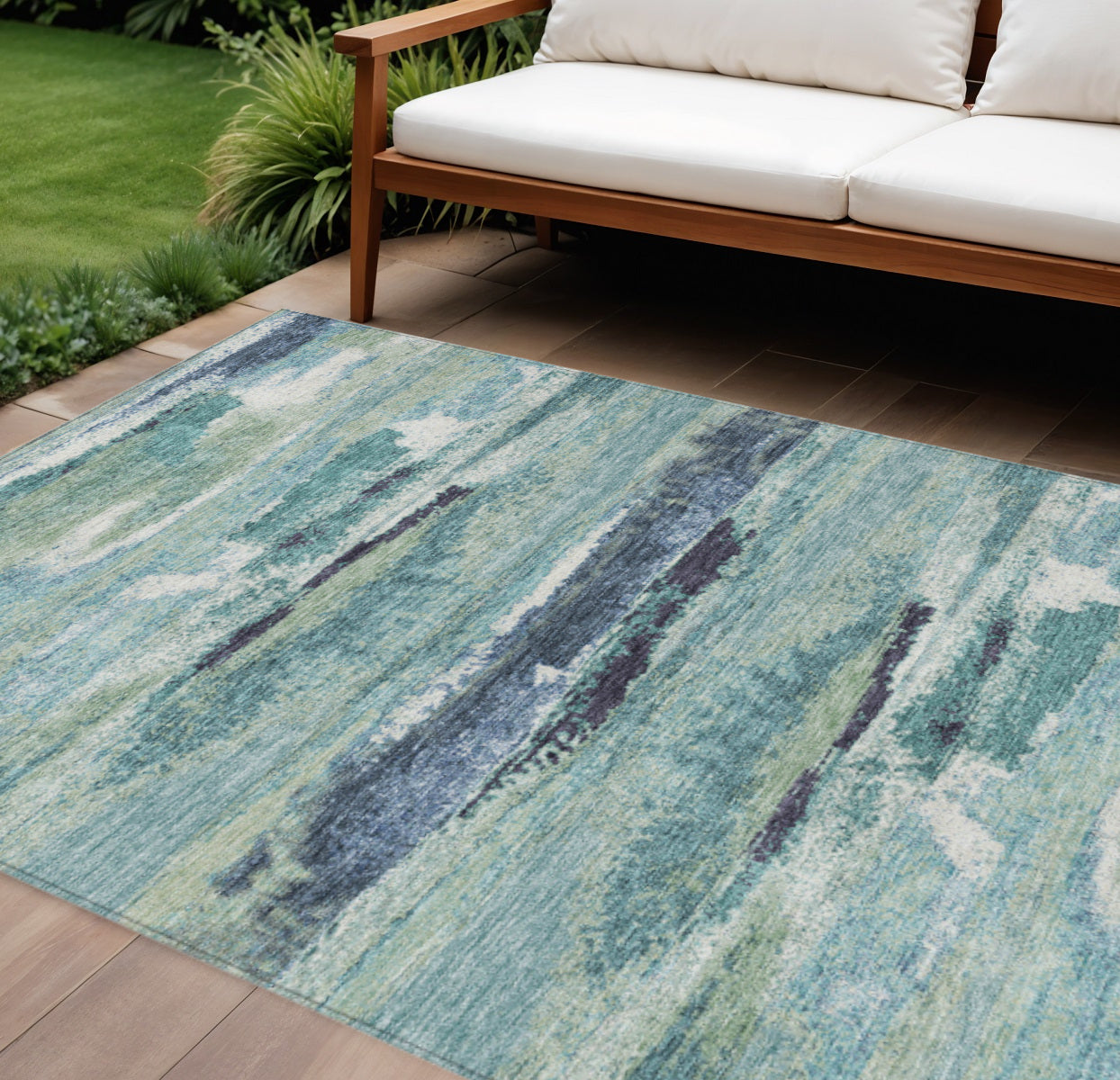 10' X 14' Sage Teal Blue And Navy Blue Abstract Washable Indoor Outdoor Area Rug