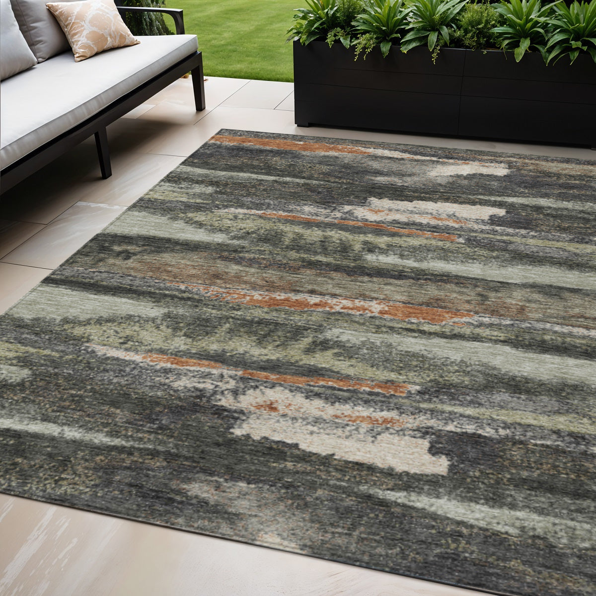 5' X 8' Charcoal Copper And Ivory Abstract Washable Indoor Outdoor Area Rug