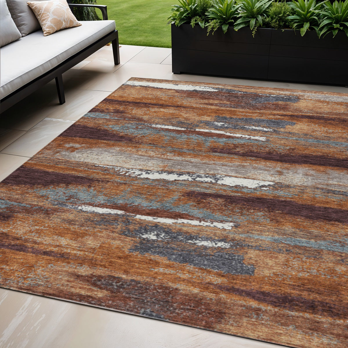 5' X 8' Copper Rust And Ivory Abstract Washable Indoor Outdoor Area Rug