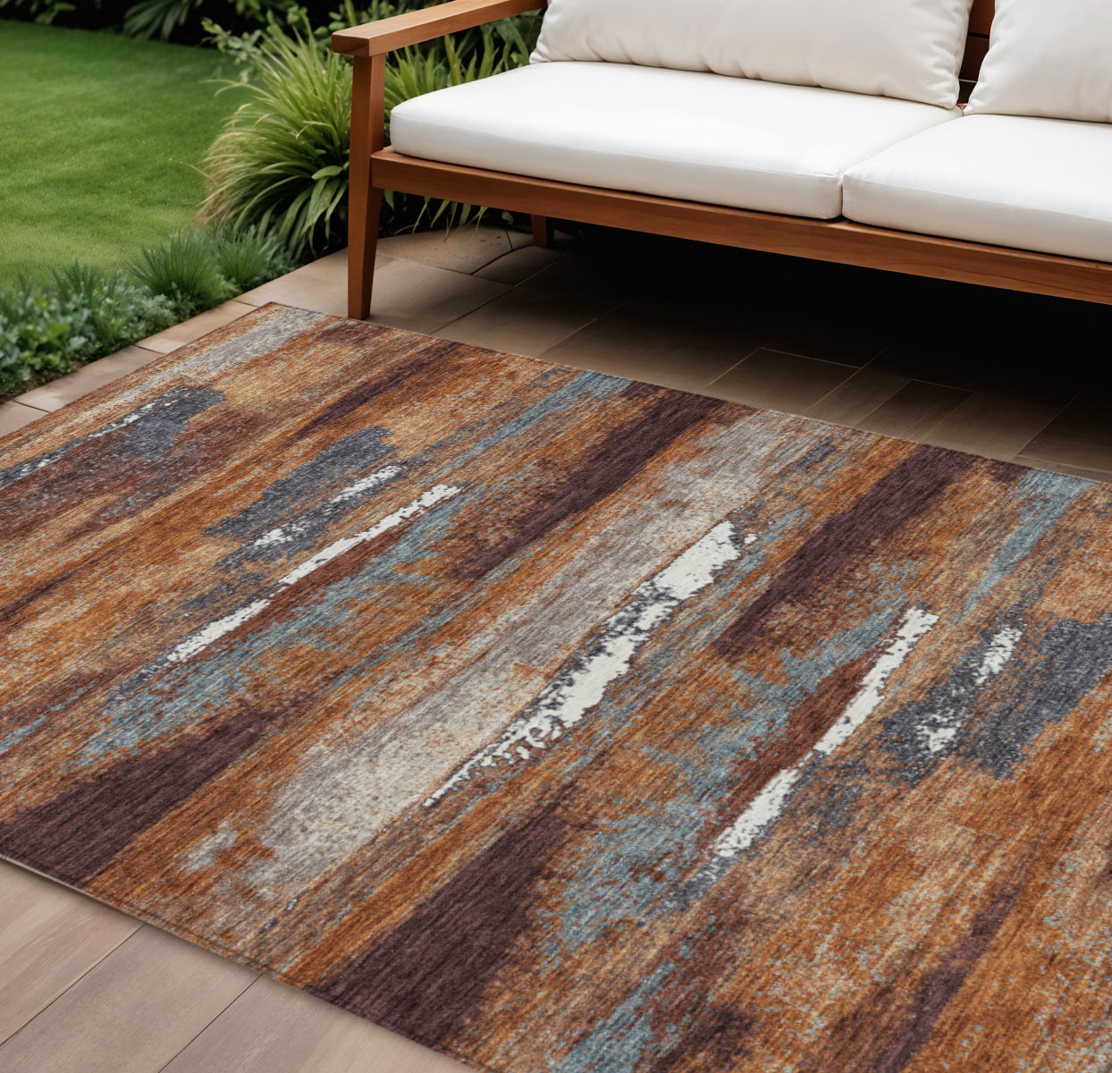 10' X 14' Copper Rust And Ivory Abstract Washable Indoor Outdoor Area Rug