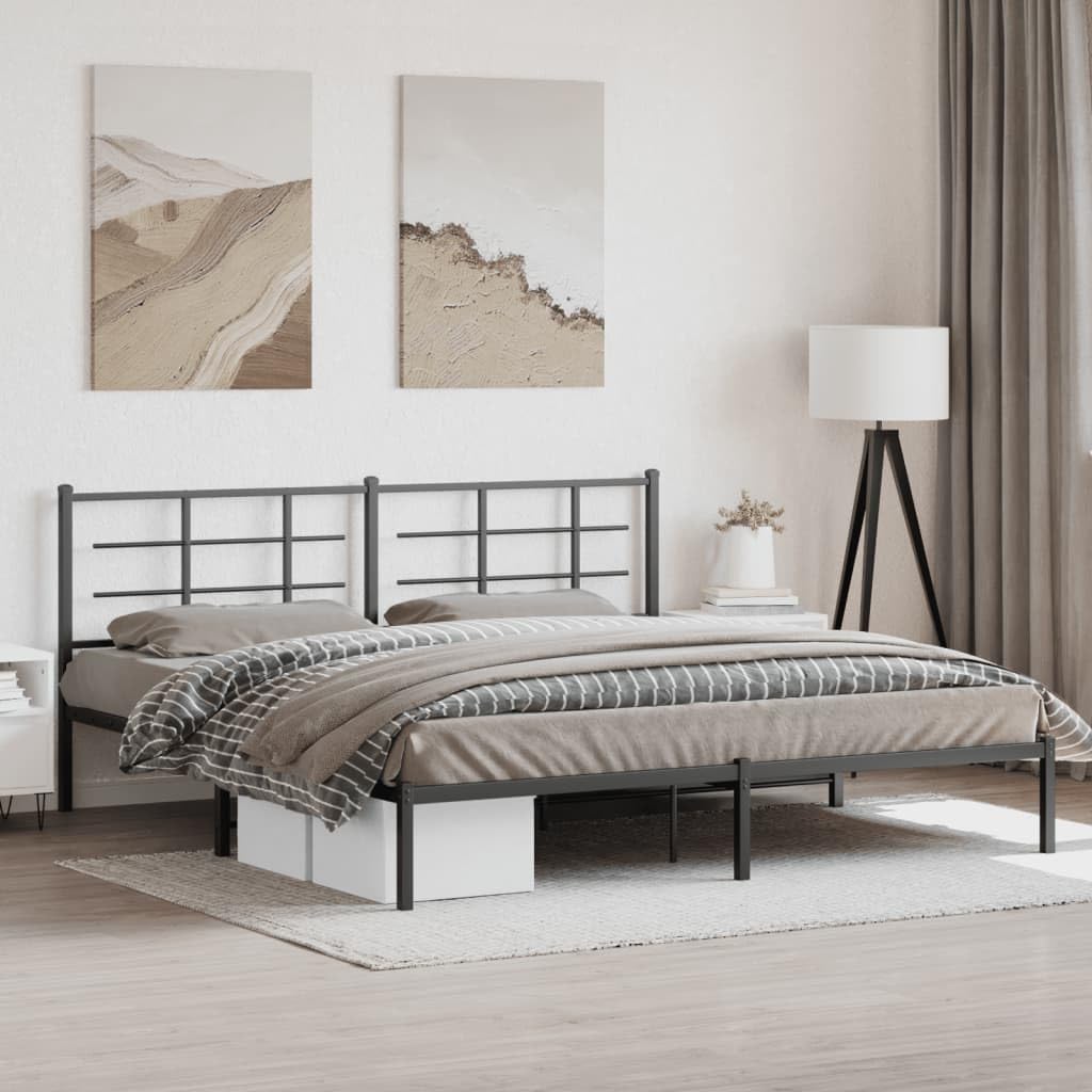 vidaXL Elegant King Metal Bed Frame-Black Powder-Coated Steel-Modern Bedroom Furniture with Headboard-81.5x78x35.4
